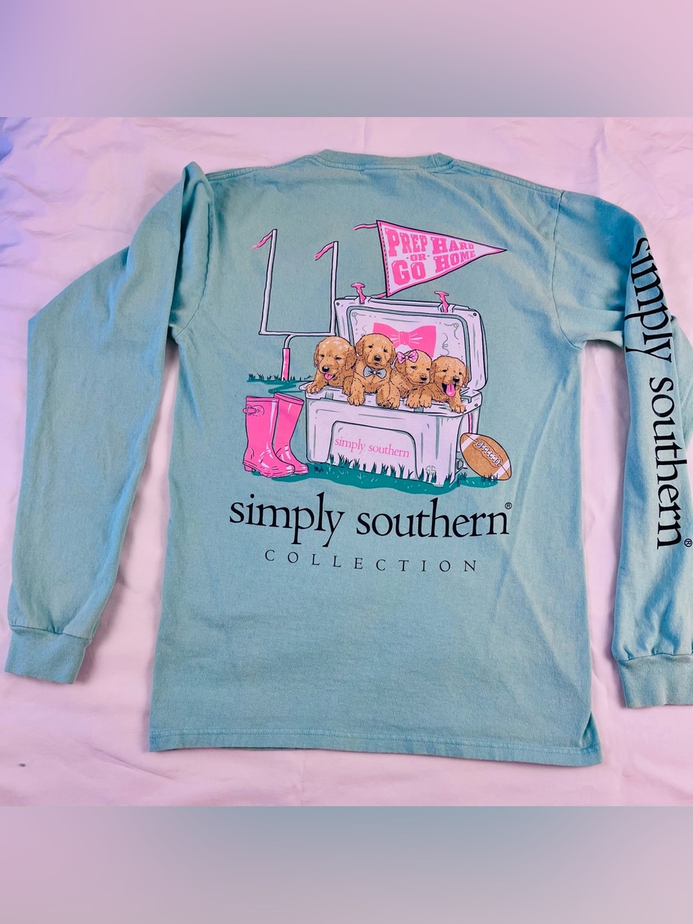 Simply Southern Shirt Womens Small Blue Pink Puppy Football Long Sleeve